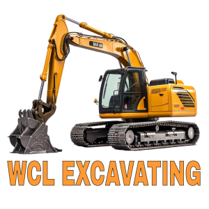 WCL Excavating logo that includes an excavator and the business name