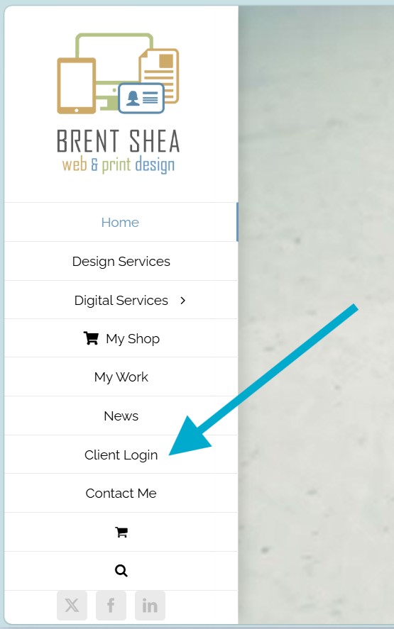 Screenshot of the BrentShea.com navigation menu with an arrow highlighting the Client Login link.