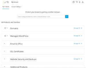 Screenshot of the BrentShea.com customer dashboard showing product categories including domains, hosting, email services, SSL certificates, and website security management options.