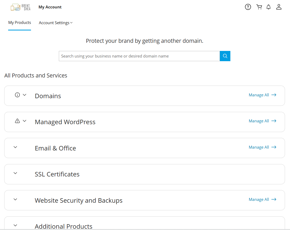 Screenshot of the BrentShea.com customer dashboard showing product categories including domains, hosting, email services, SSL certificates, and website security management options.